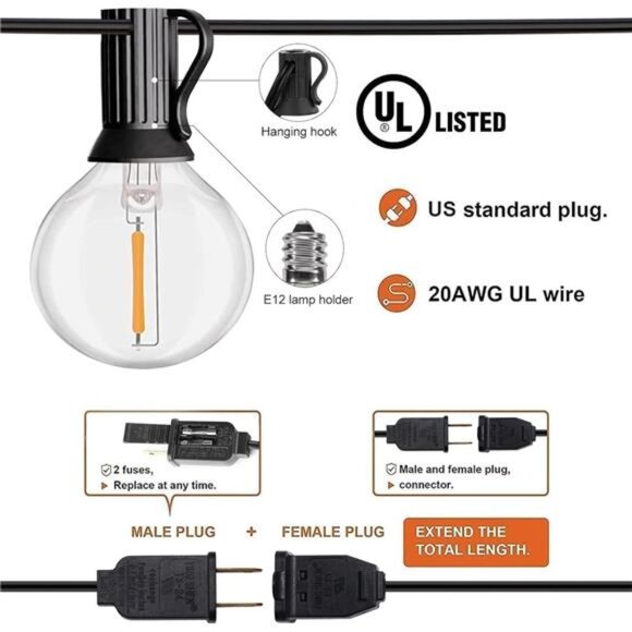 Led String Lights Outdoor 30ft Patio Lights Waterproof with 27 G40 Shatterproof - Picture 3 of 7